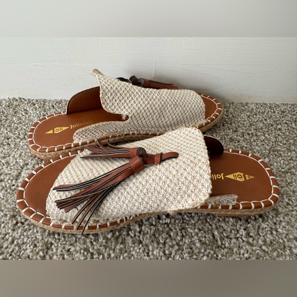 Joli Jolimall Roman Burlap Tassled Flat Slides, Brown/Tan - Size 8